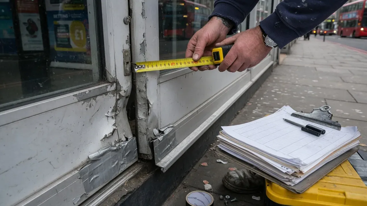 Trade survey showing tape measurement on a failed aluminium shopfront door