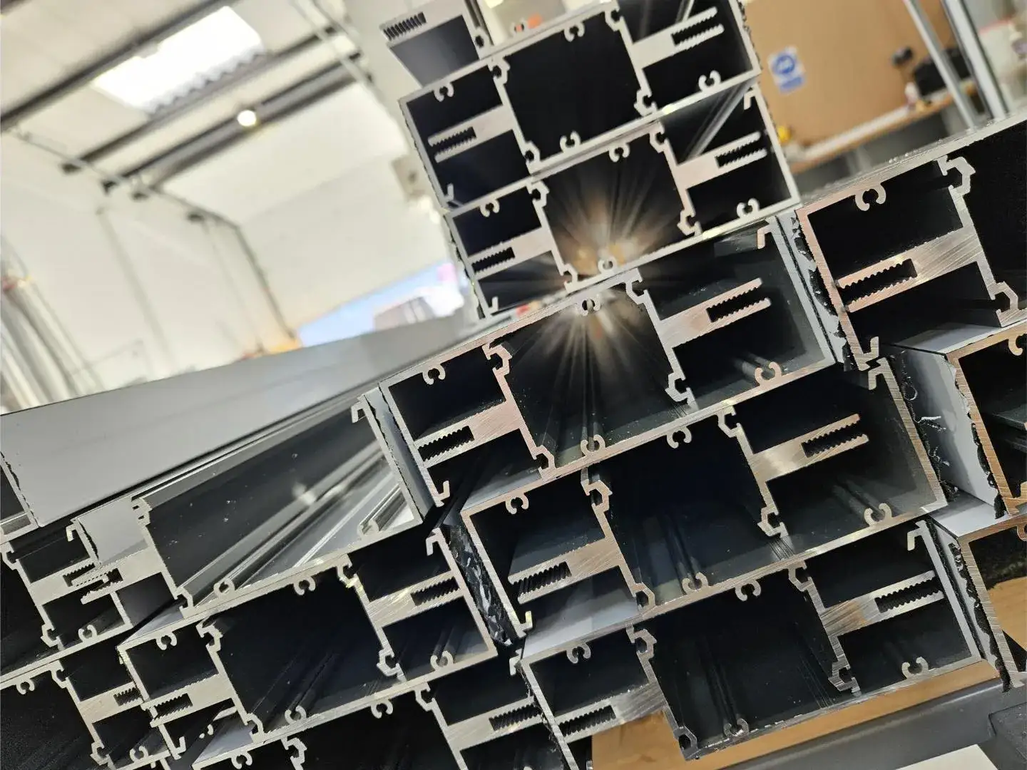 Aluminium profile sections prepared in the Kingsland workshop